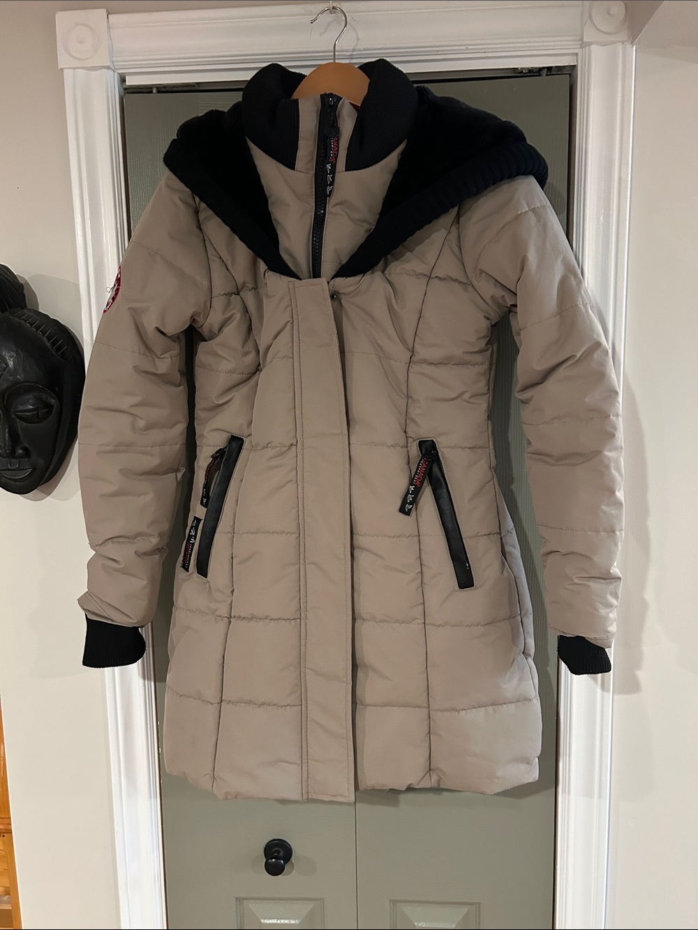 Women’s Quilted Long Hooded Puffer Coat in Light Beige